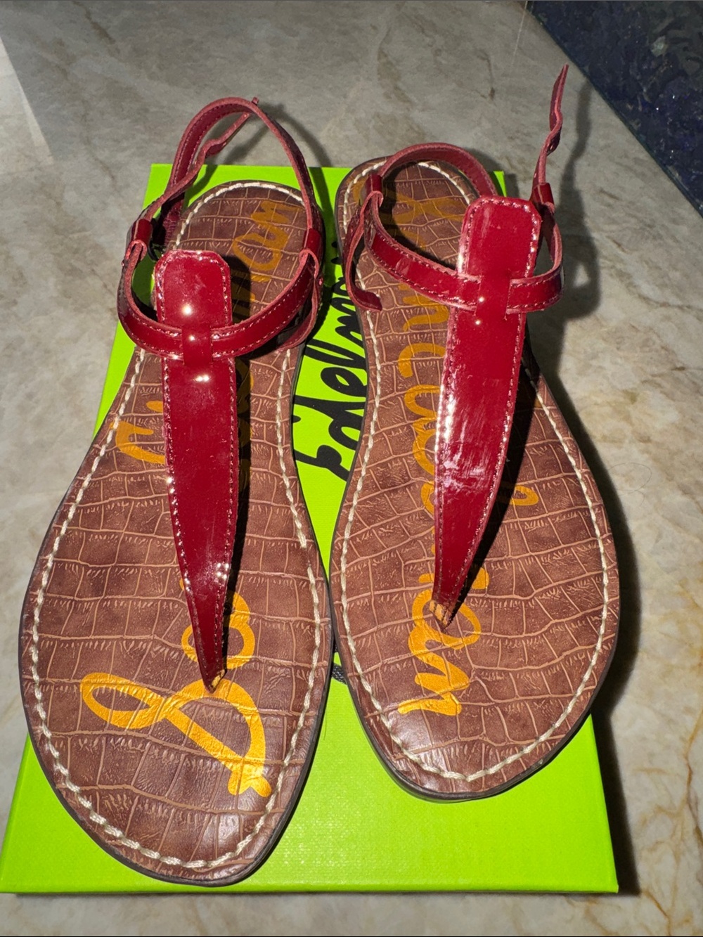 Sam Edelman Burgundy Patent T-Strap Women's Sandals